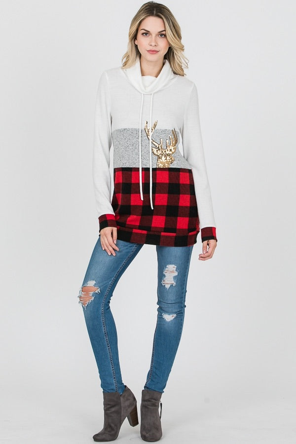 Red Buffalo Plaid Reindeer Sequin Cowl Neck Sweater