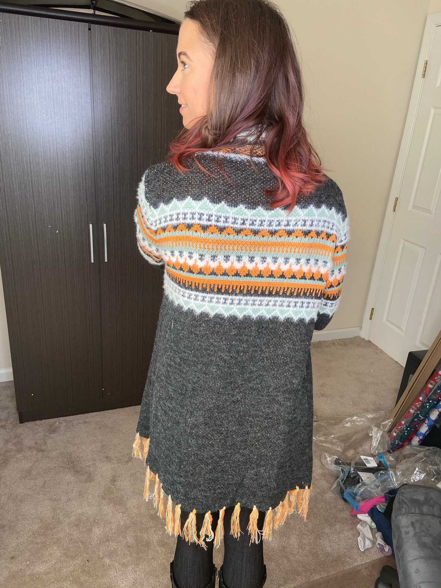 Black Patterned Knitted Tassel Sweater Cardigan