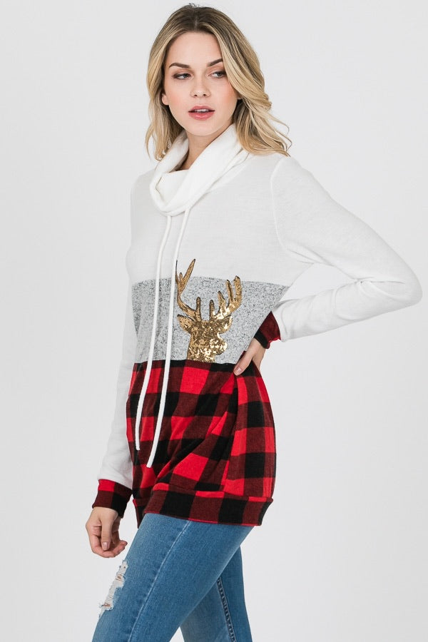 Red Buffalo Plaid Reindeer Sequin Cowl Neck Sweater