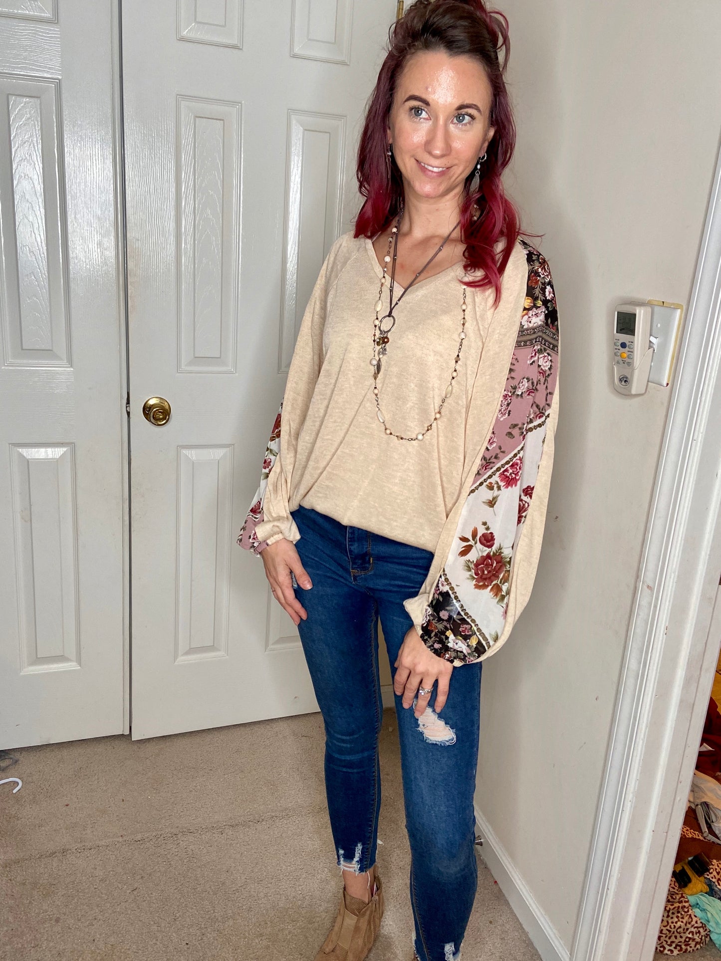 Floral Balloon Puff Sleeve Ivory Boho V-neck Long Sleeve Top