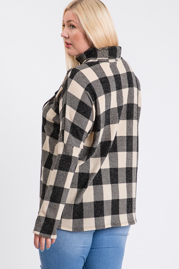 Buffalo Plaid Button Detail Cowl Neck Sweater Top