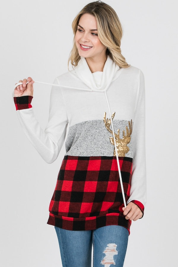 Red Buffalo Plaid Reindeer Sequin Cowl Neck Sweater