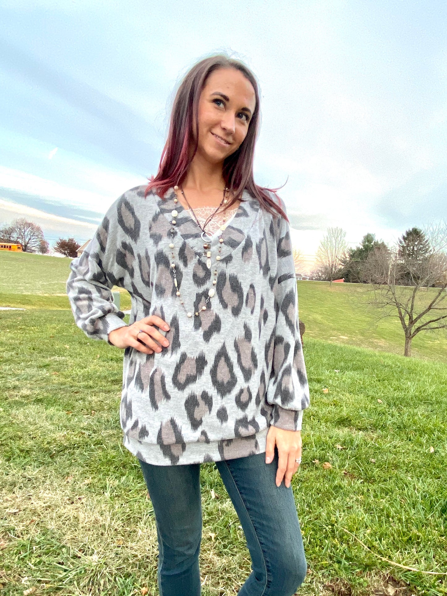 Leopard V NECK CASHMERE FEEL LONG SLEEVE TOP