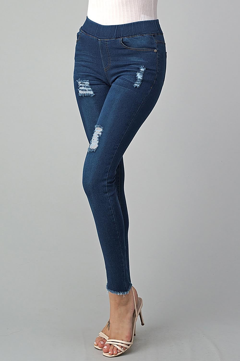 High Waist Distressed Raw Cross Hem Stretch Denim Jeggings