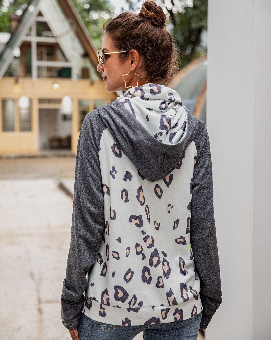 Leopard Print Raglan Long Sleeve Hoodie