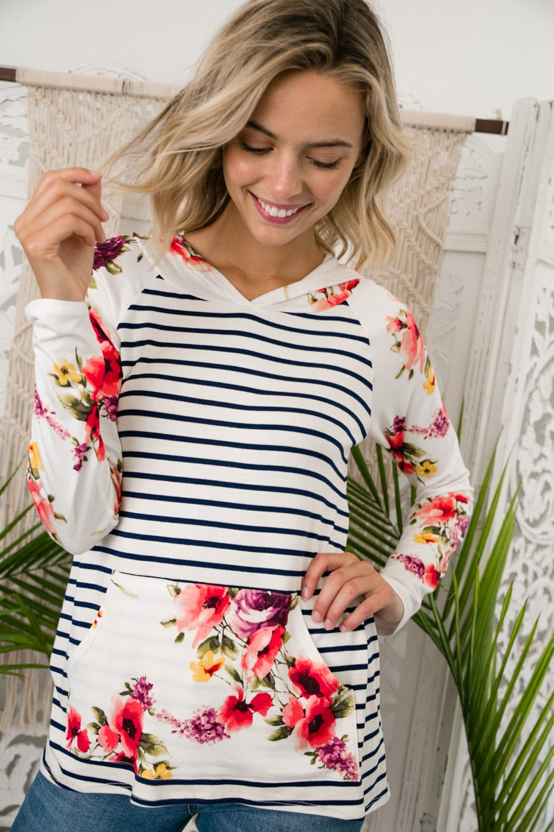 STRIPE FLORAL MIX HOODIE HI-LOW TOP