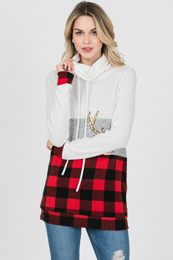 Red Buffalo Plaid Reindeer Sequin Cowl Neck Sweater