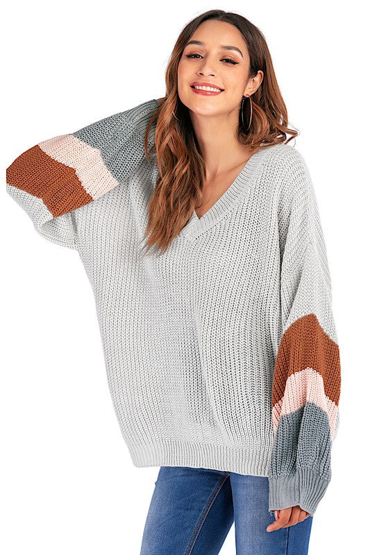 Color Block Knit Sweater Grey