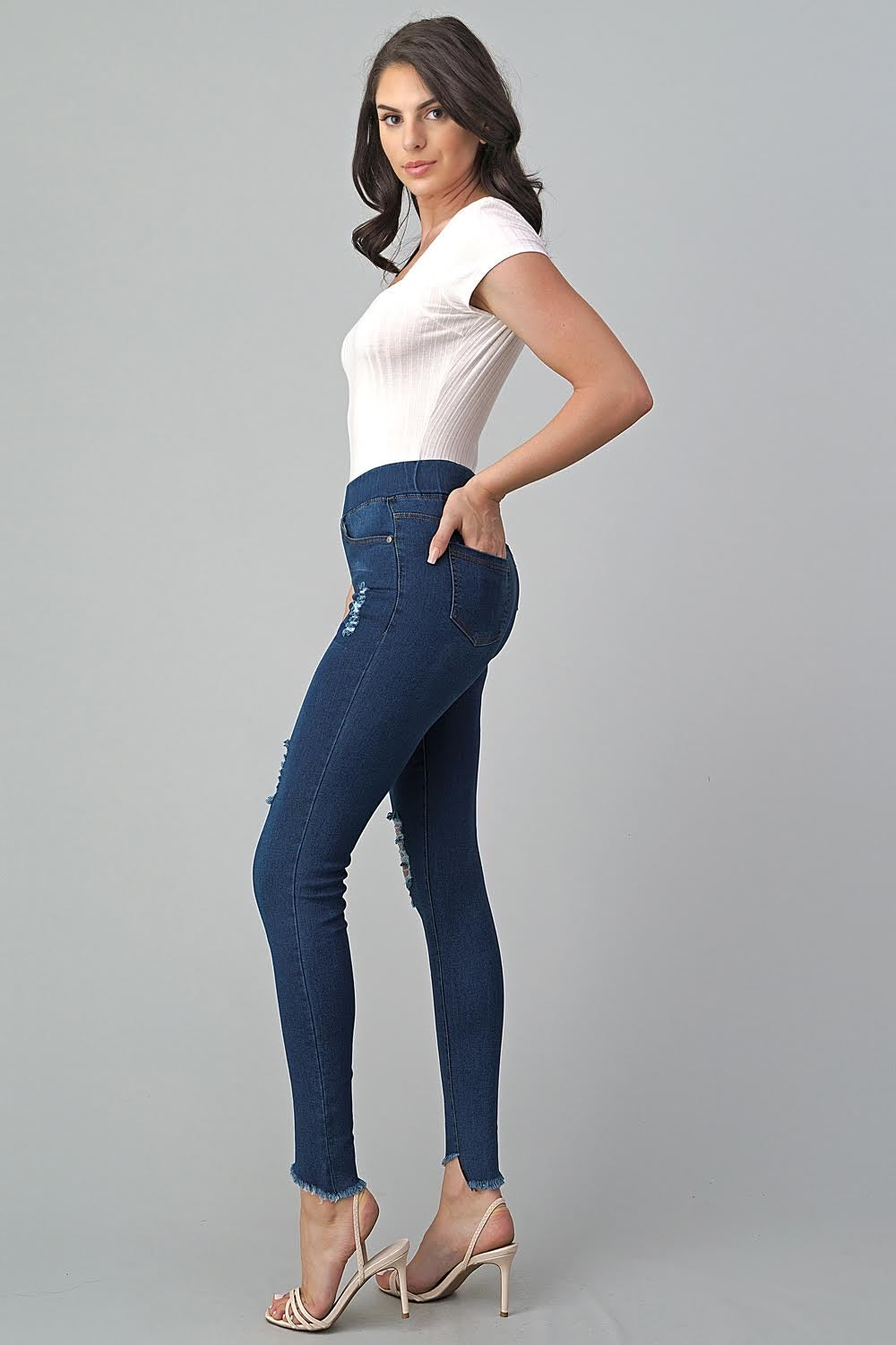 High Waist Distressed Raw Cross Hem Stretch Denim Jeggings