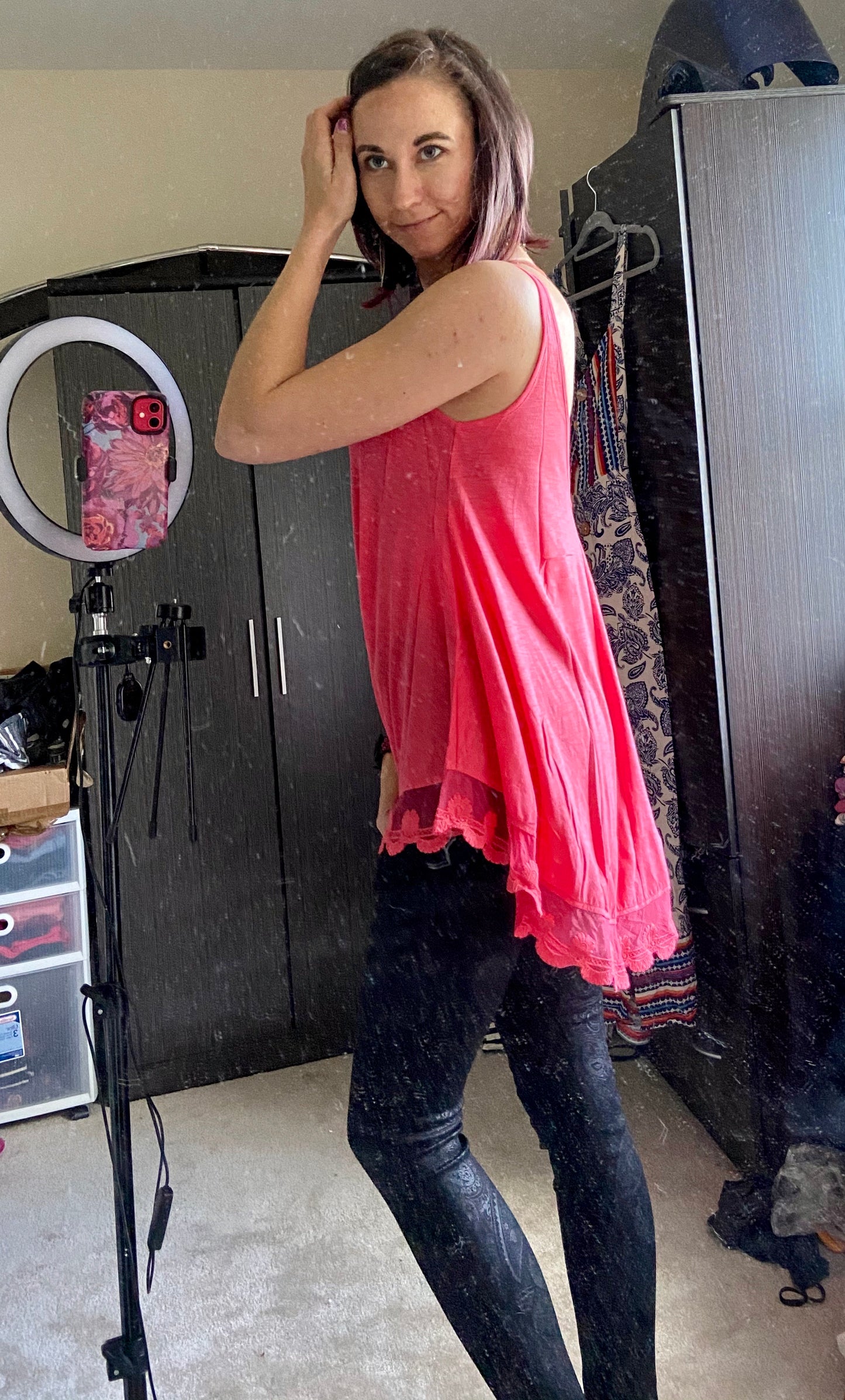 V Neck Lace Hem Tank Coral