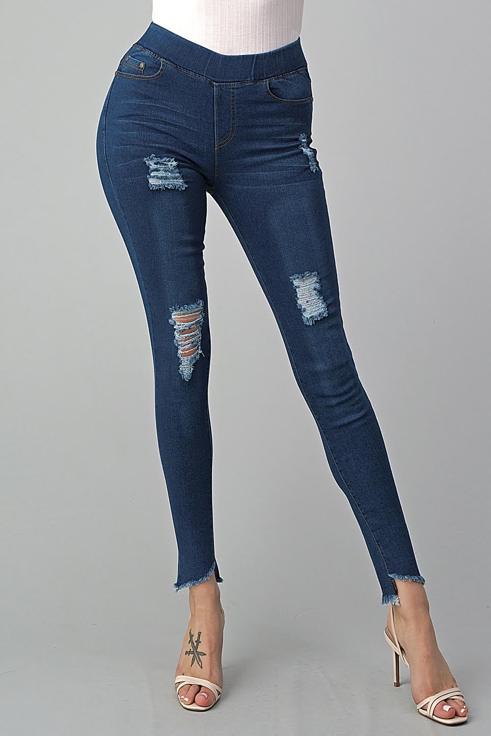 High Waist Distressed Raw Cross Hem Stretch Denim Jeggings