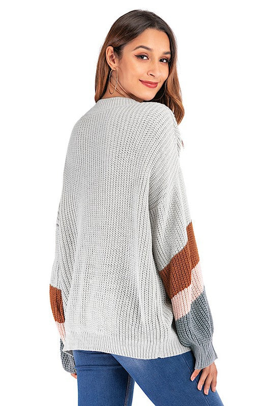 Color Block Knit Sweater Grey