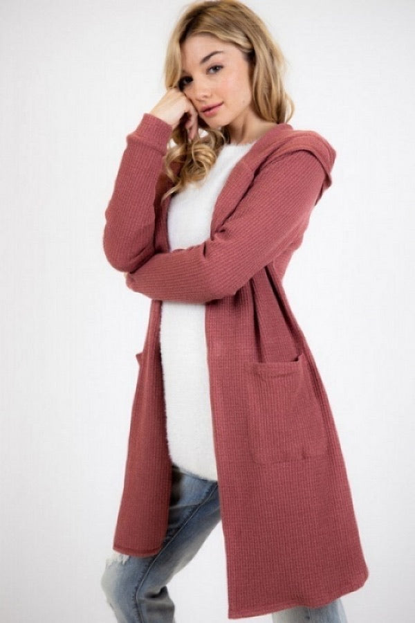 Knit Waffle Lace Back Blush Hooded Cardigan