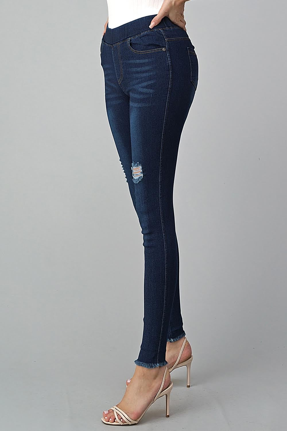 High Waist Distressed Raw Hem Stretch Denim Jeggings
