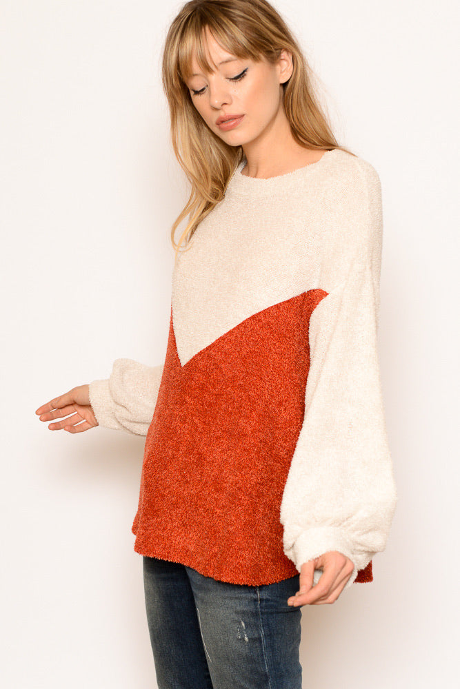 Rust & Cream Chevron Color Block Terry Sweater