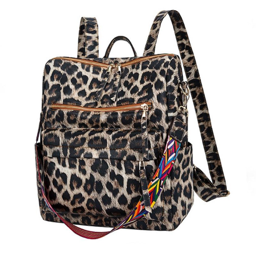 Leather Backpack Floral Or Leopard w/ Shoulder Strap