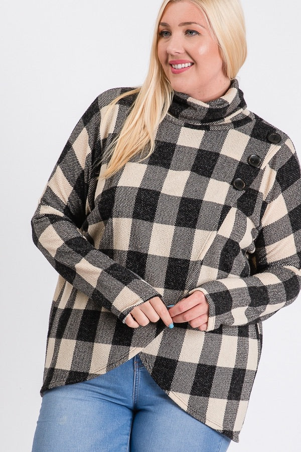 Buffalo Plaid Button Detail Cowl Neck Sweater Top