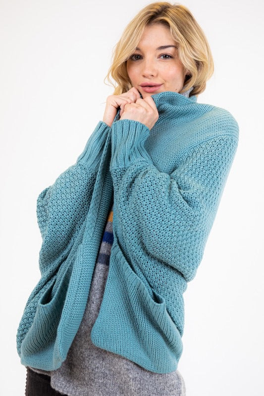 PATTERN KNIT DOLMAN SLEEVE CARDIGAN TEAL