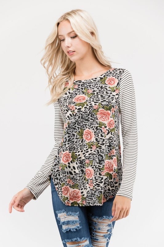 Leopard Floral Top w/Black and White Striped Sleeves