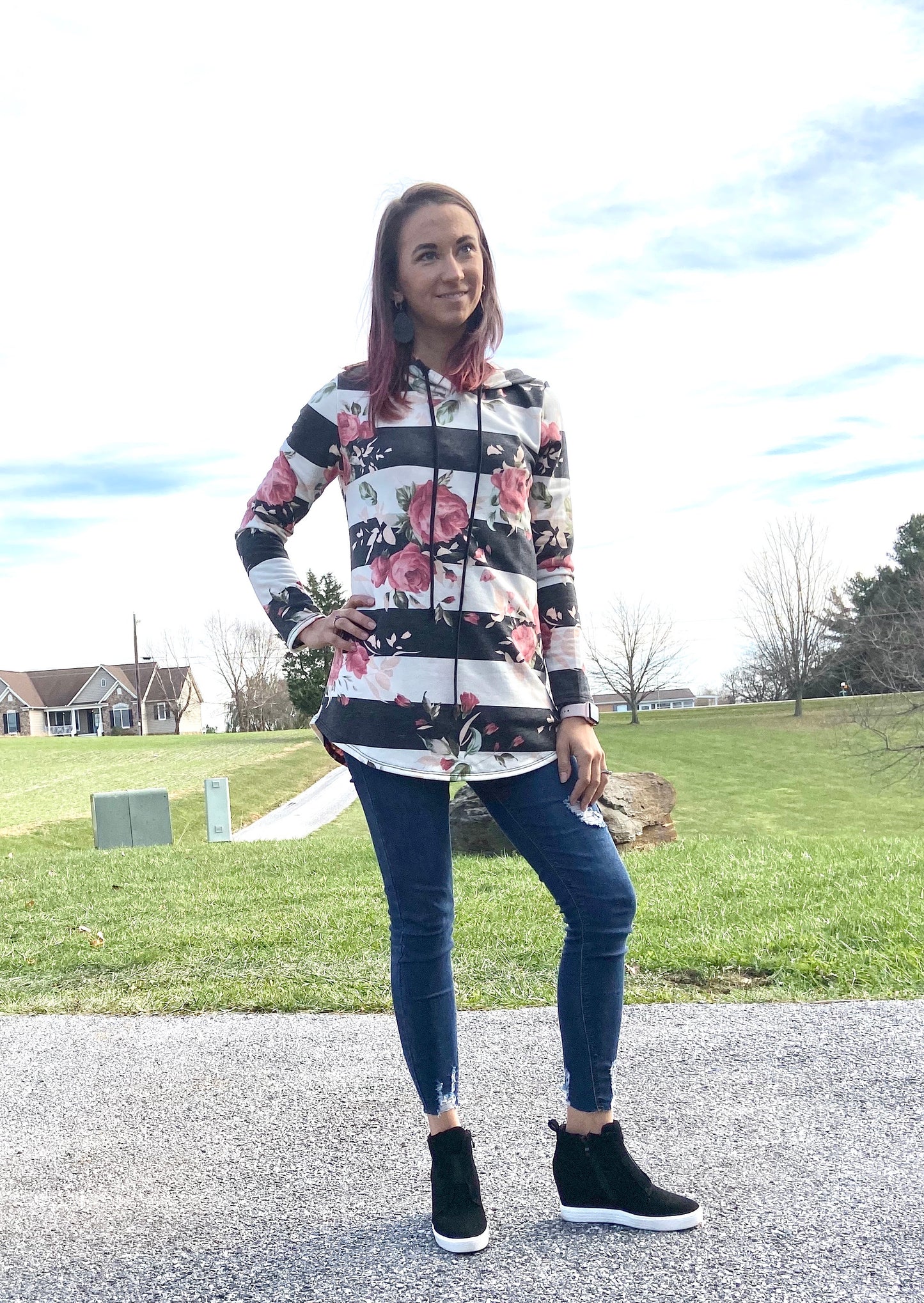 Floral Stripe French Terry Hoodie Top