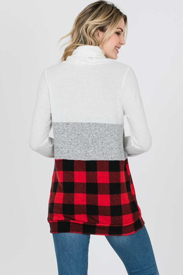 Red Buffalo Plaid Reindeer Sequin Cowl Neck Sweater