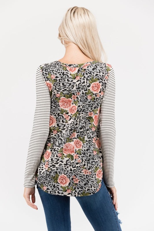 Leopard Floral Top w/Black and White Striped Sleeves