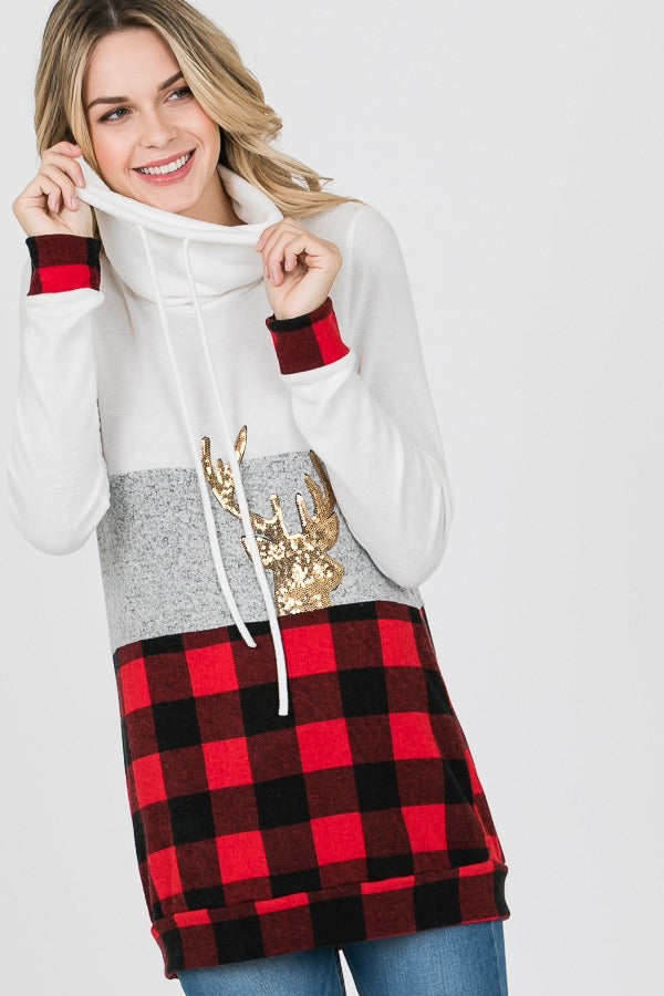 Red Buffalo Plaid Reindeer Sequin Cowl Neck Sweater