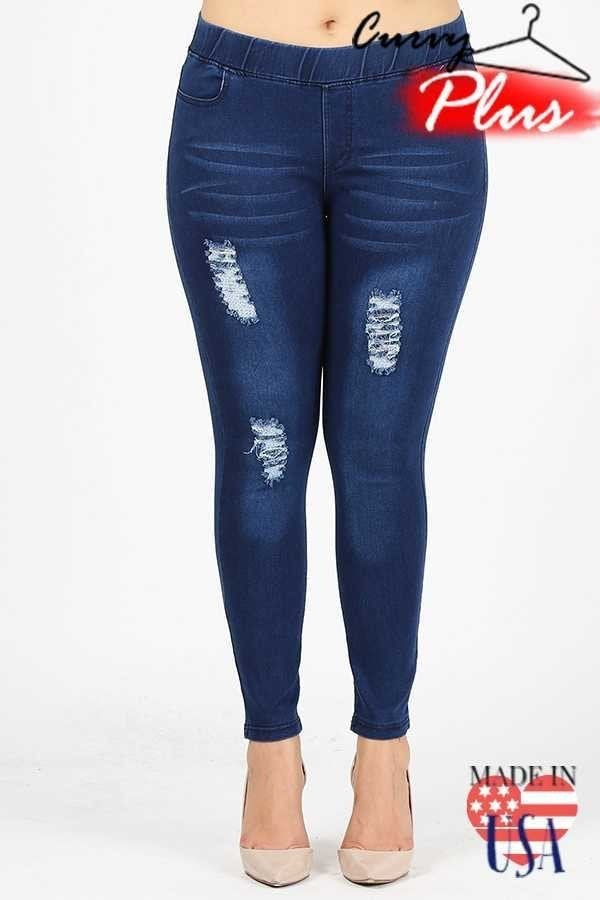 Solid Denim Distressed Stretch Jeggings PLUS