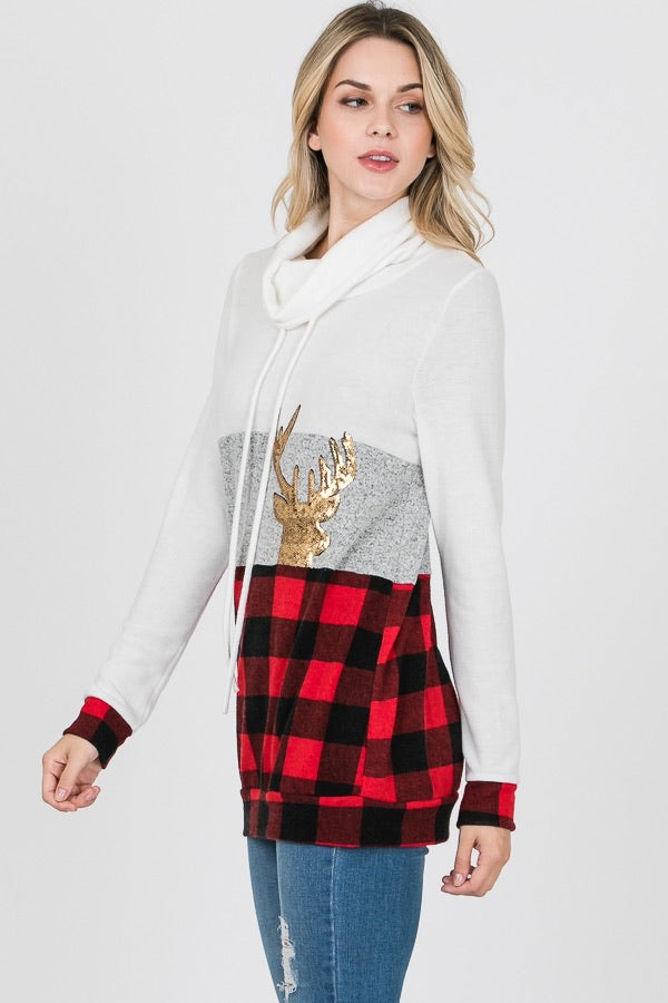 Red Buffalo Plaid Reindeer Sequin Cowl Neck Sweater