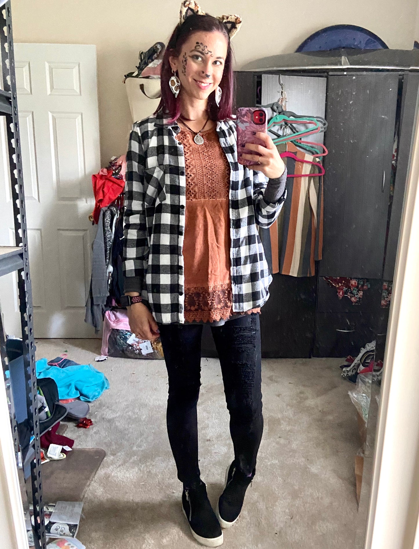 BLACK & WHITE PLAID FLEECE LINED FLANNEL SHIRT TOP