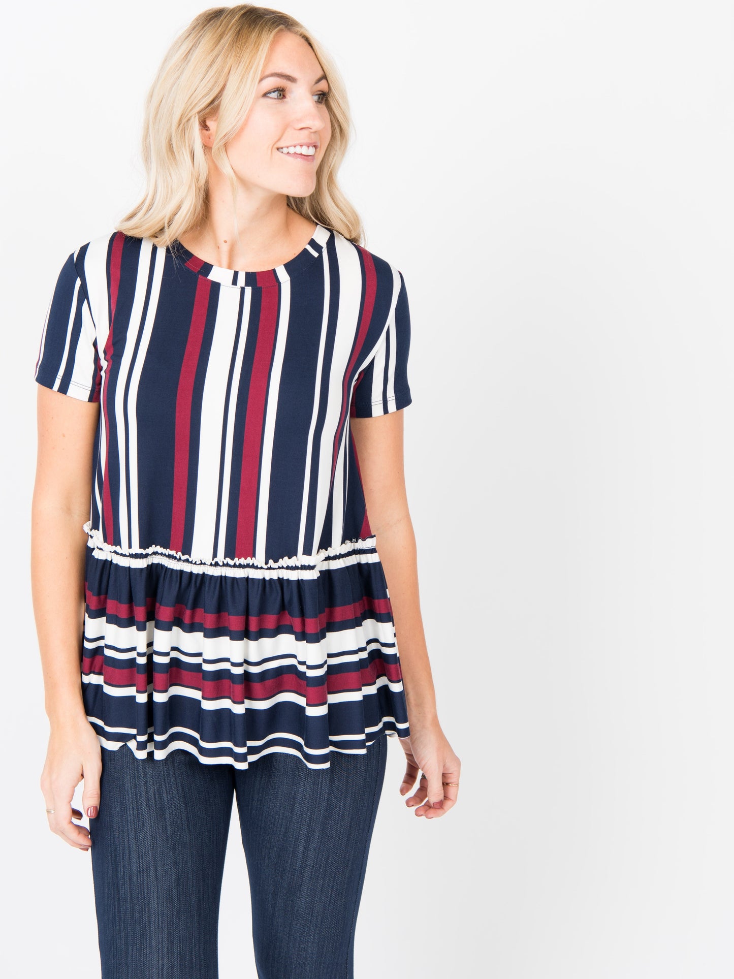 Relaxed Ruffle Tee Navy Burgundy Stripe