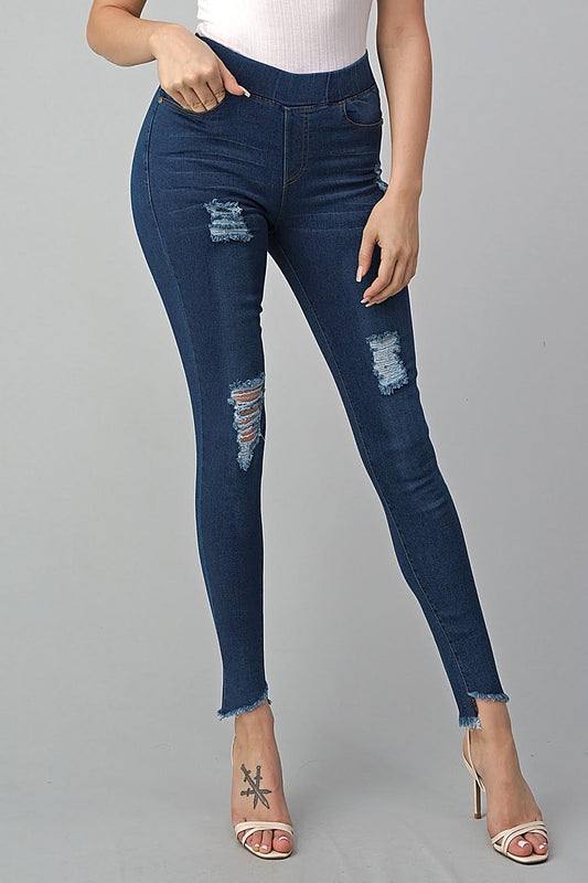 High Waist Distressed Raw Cross Hem Stretch Denim Jeggings