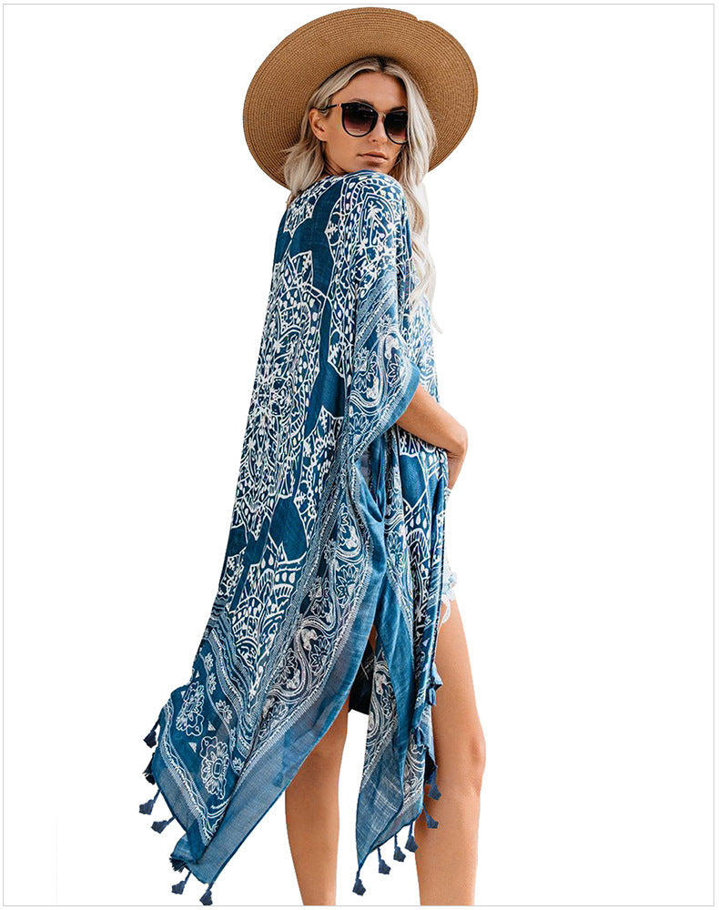 Boho Kimono Blue with Poms