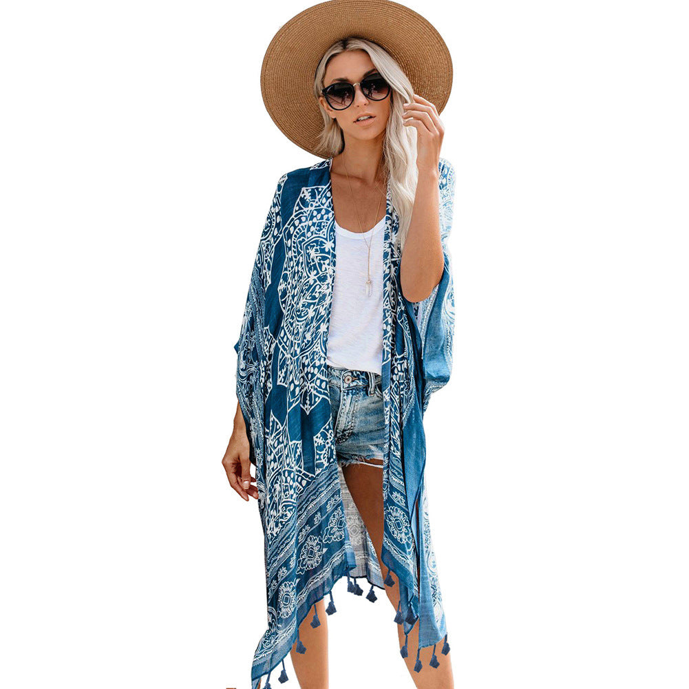 Boho Kimono Blue with Poms