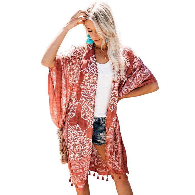 Boho Kimono Rust with Poms