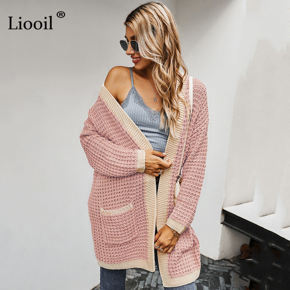 Contrast Piping Waffle Knit Cardigan Sweater