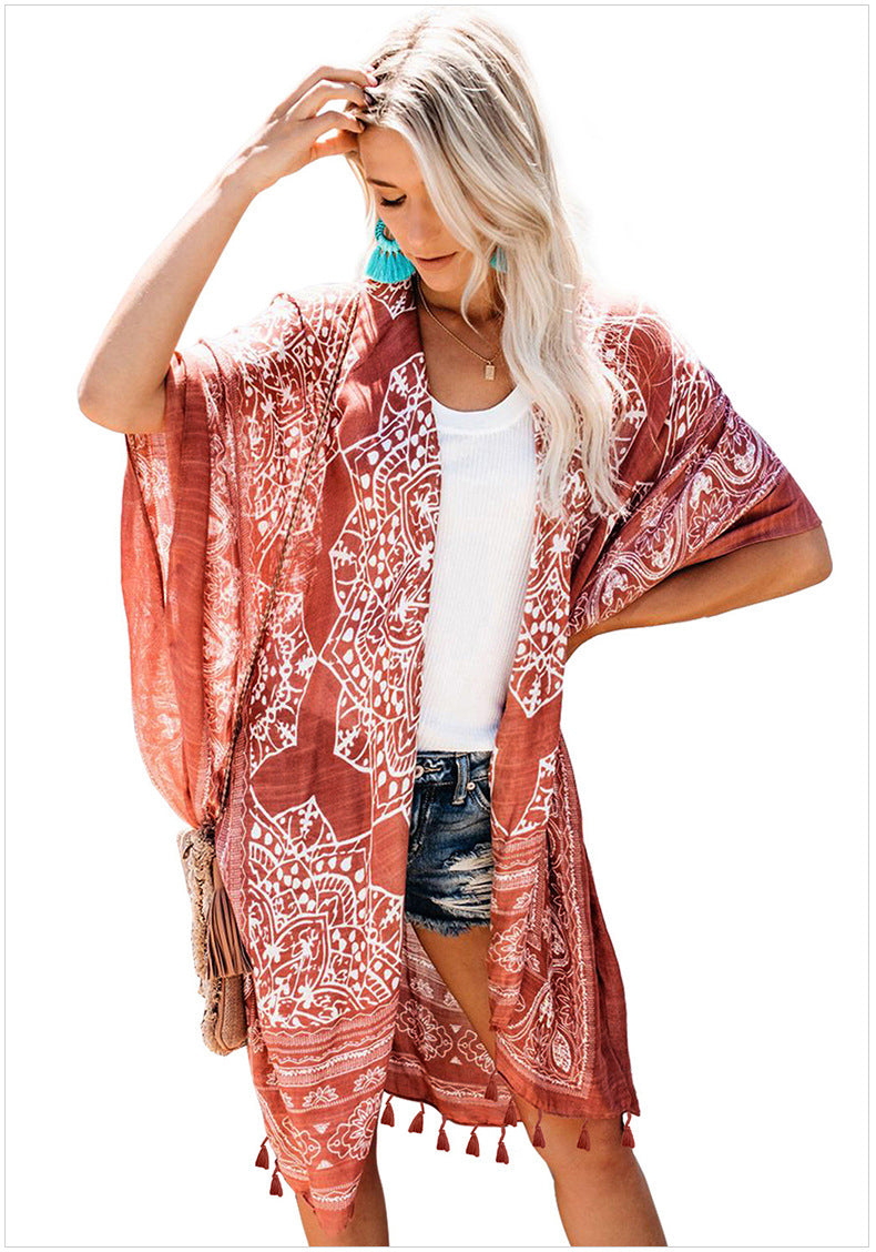 Boho Kimono Rust with Poms