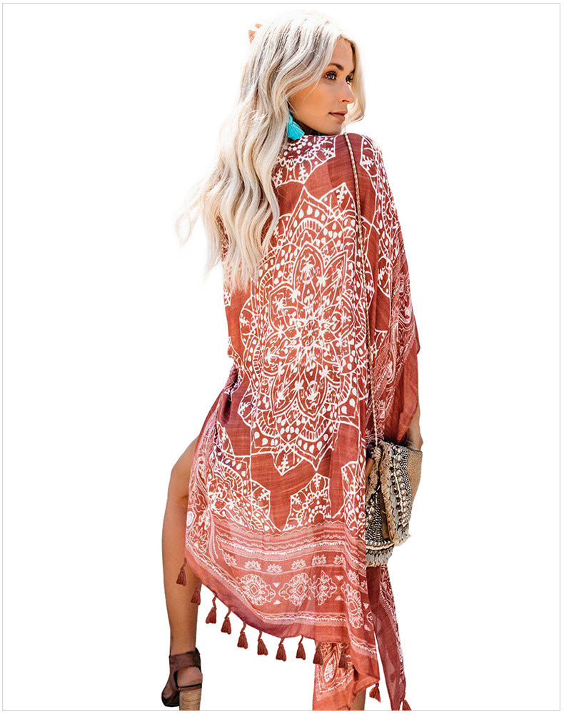 Boho Kimono Rust with Poms