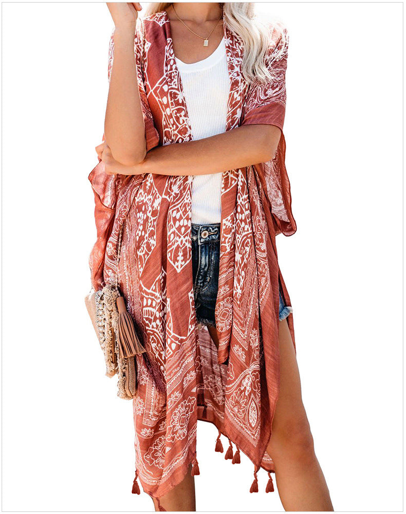 Boho Kimono Rust with Poms