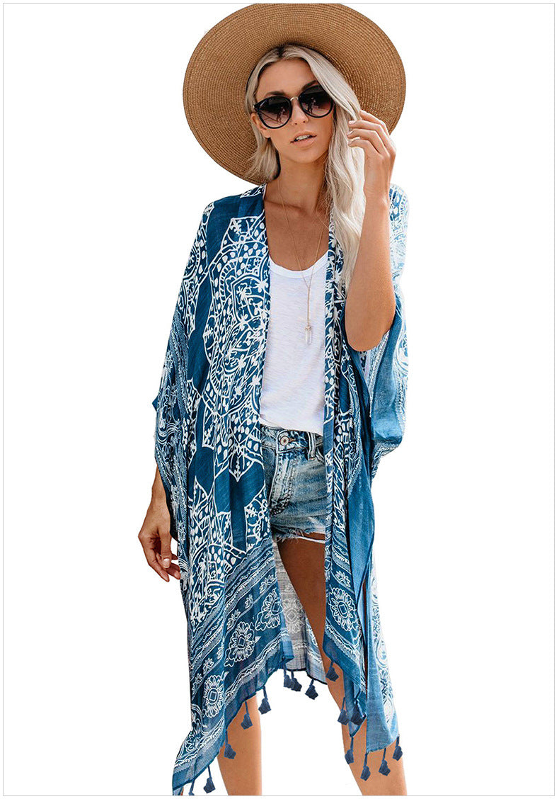 Boho Kimono Blue with Poms