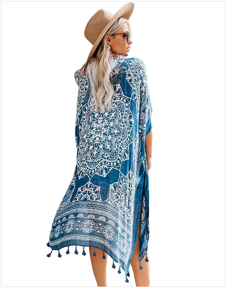 Boho Kimono Blue with Poms