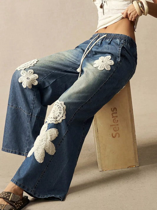 The Harlow Appliqué Drawstring Wide-Leg Jeans — Sparrow & Hearth