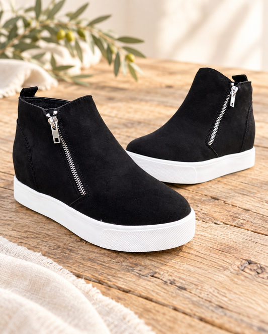 The Midnight Black Double-Zip Wedge Booties — Sparrow & Hearth rustic product photography