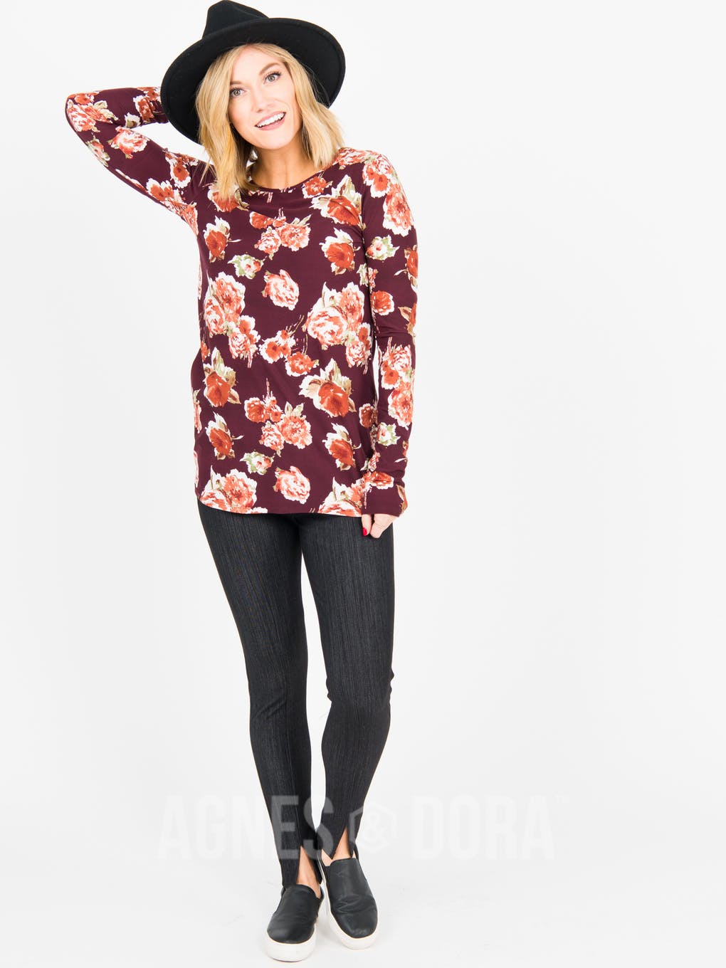 L/S Tee with Thumbhole Burgundy/Rose Floral