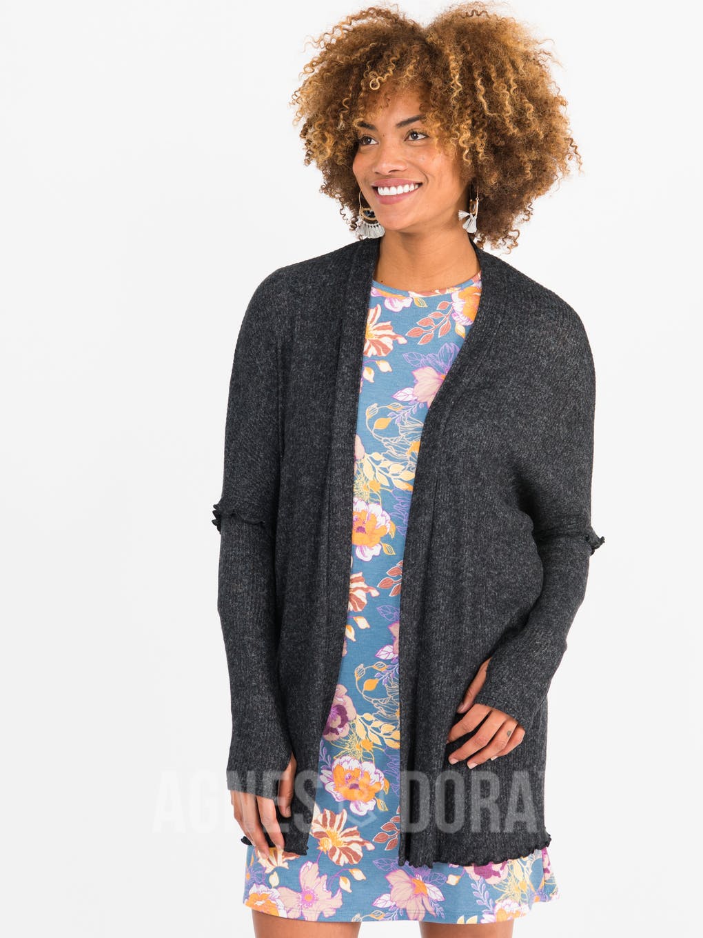 Open Front Thumbhole Cardi Black/White