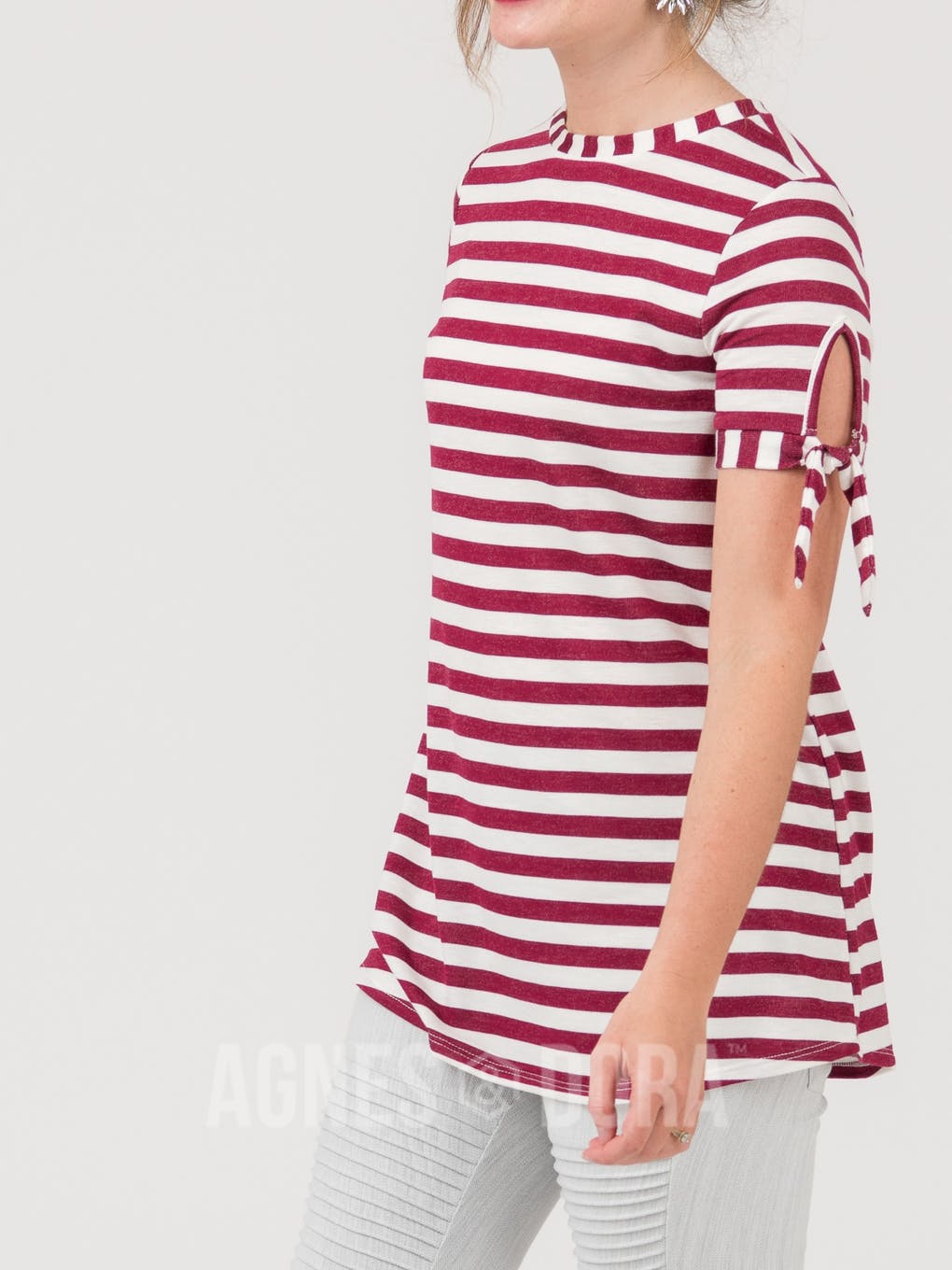Tie Sleeve Top Ivory Wine Stripe
