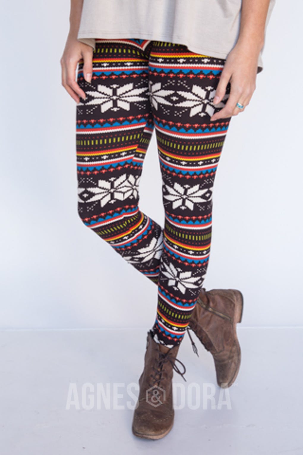 Holiday Leggings Fair Isle Snowflakes Rust Teal SM