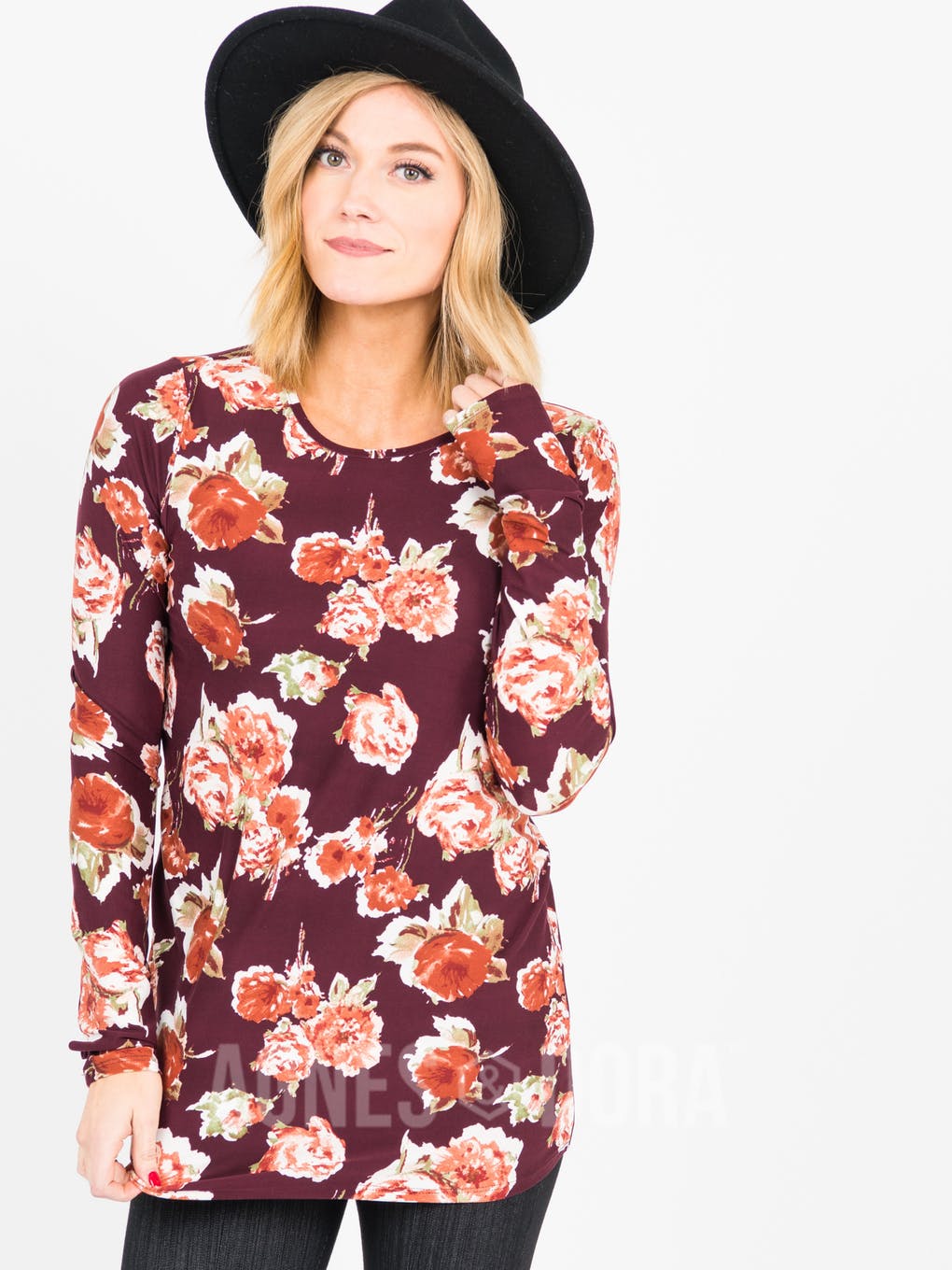 L/S Tee with Thumbhole Burgundy/Rose Floral