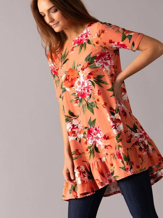 Ruffle Tunic Coral Rust Floral