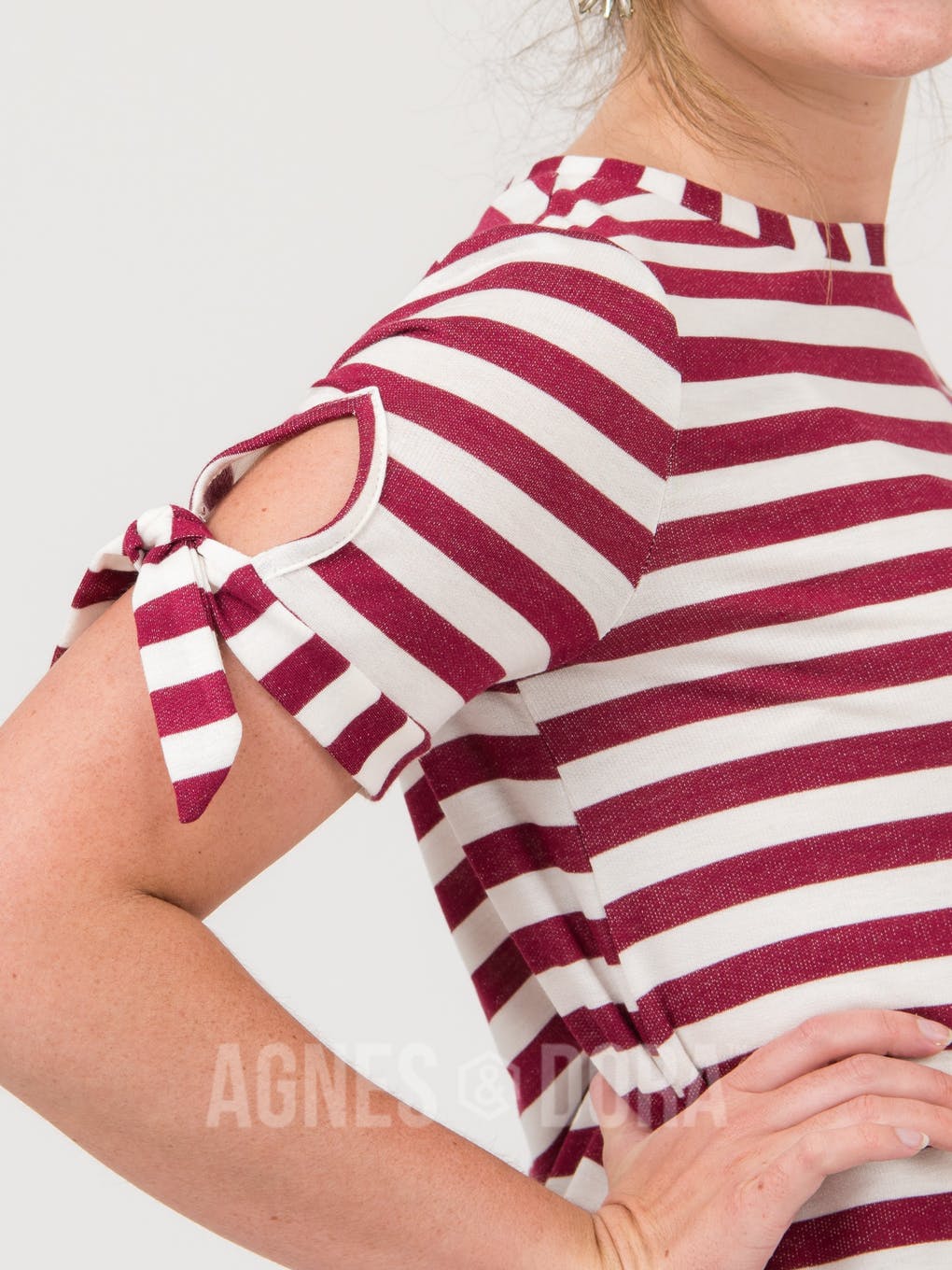 Tie Sleeve Top Ivory Wine Stripe